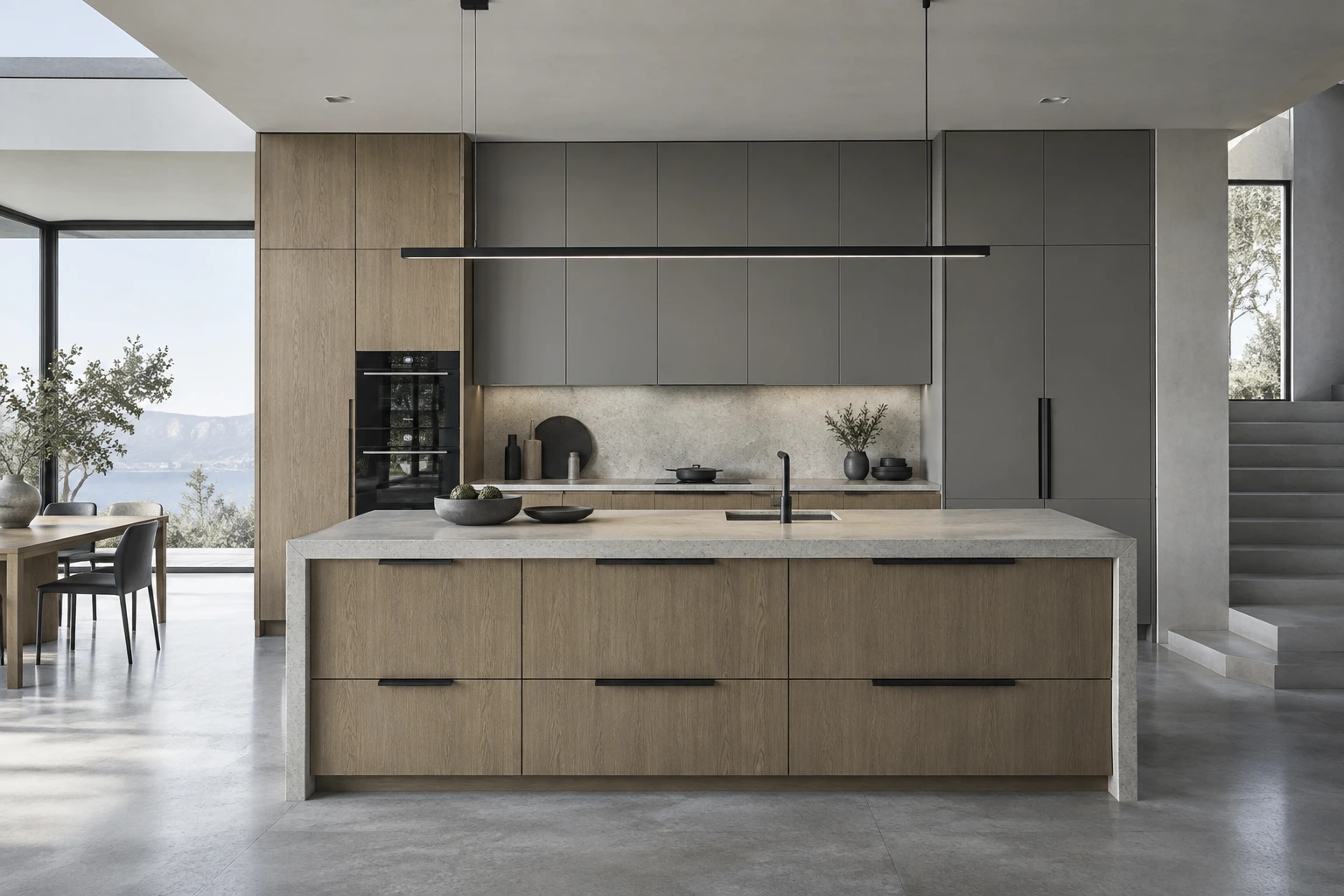 Oak and cool grey kitchen cabinetry with a pale stone island — design visualization